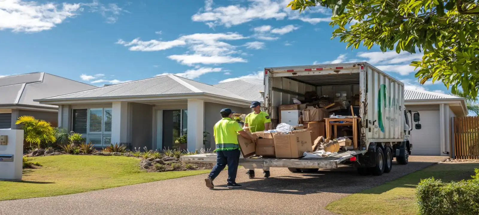 Two workers loading waste into a truck during a house cleanup project for rubbish removal Mackay services