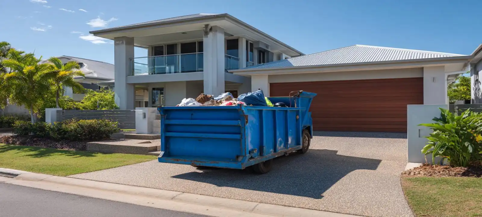 Blue skip bin truck parked outside a residential home providing reliable skip bins Mackay services